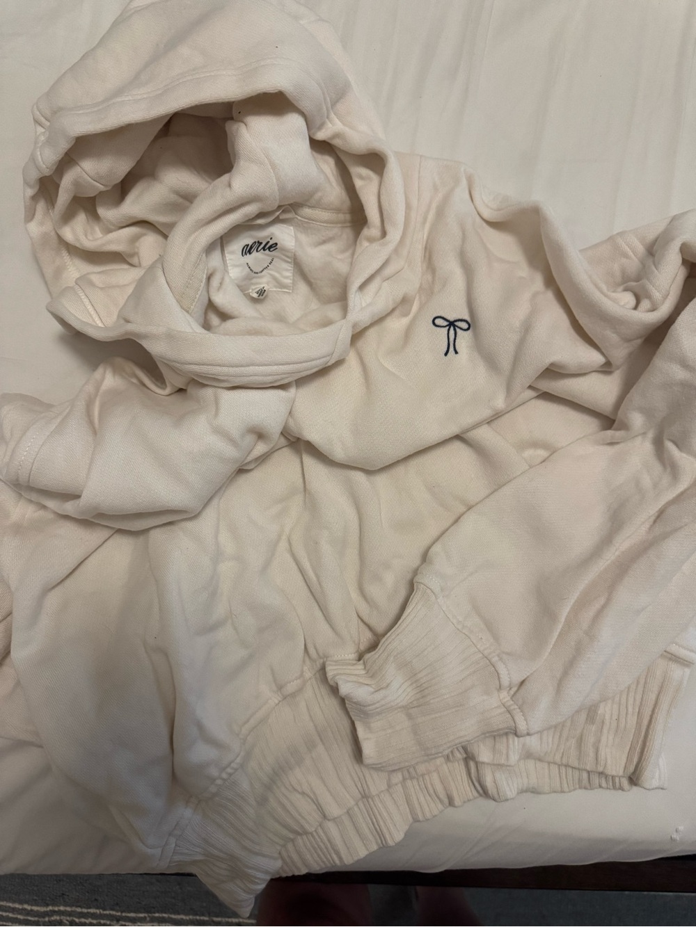 aerie Cream Pullover Hoodie with Navy Bow Embroidery
